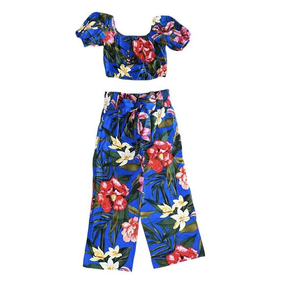 Revolve Cupcakes & Cashmere Crop Top & Pants Set Linen Blend Tropical Hawaiian - Picture 2 of 13